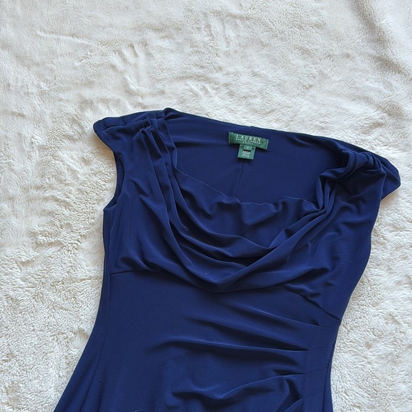 Ralph Lauren Navy Blue Draped Sheath Dress Cap Sleeve Ruched Midi Classic Size 2 - Picture 2 of 9